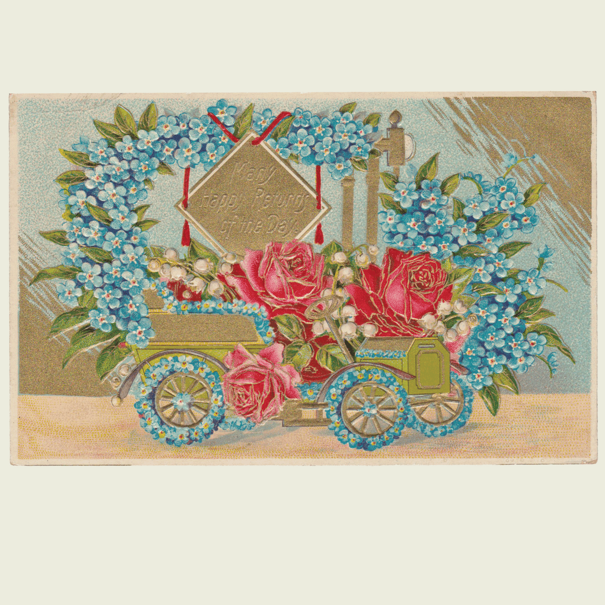 Antique 1909 Embossed Birthday Postcard | Flower-Covered Automobile, Roses & Forget-Me-Nots | Made in Germany