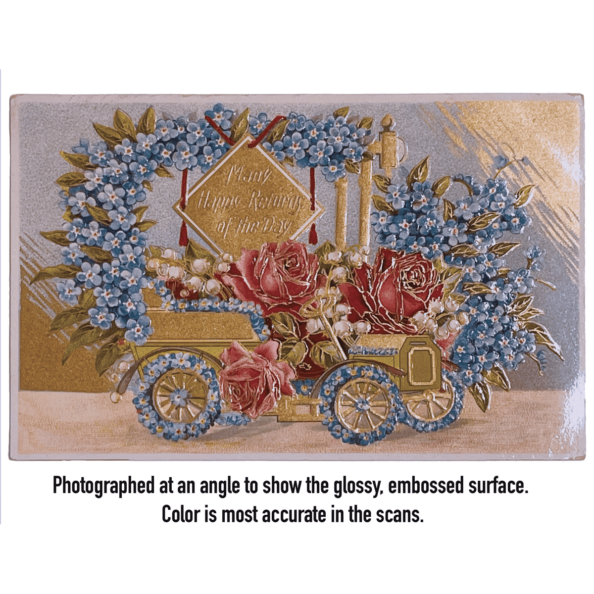 Antique 1909 Embossed Birthday Postcard | Flower-Covered Automobile, Roses & Forget-Me-Nots | Made in Germany