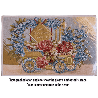Antique 1909 Embossed Birthday Postcard | Flower-Covered Automobile, Roses & Forget-Me-Nots | Made in Germany