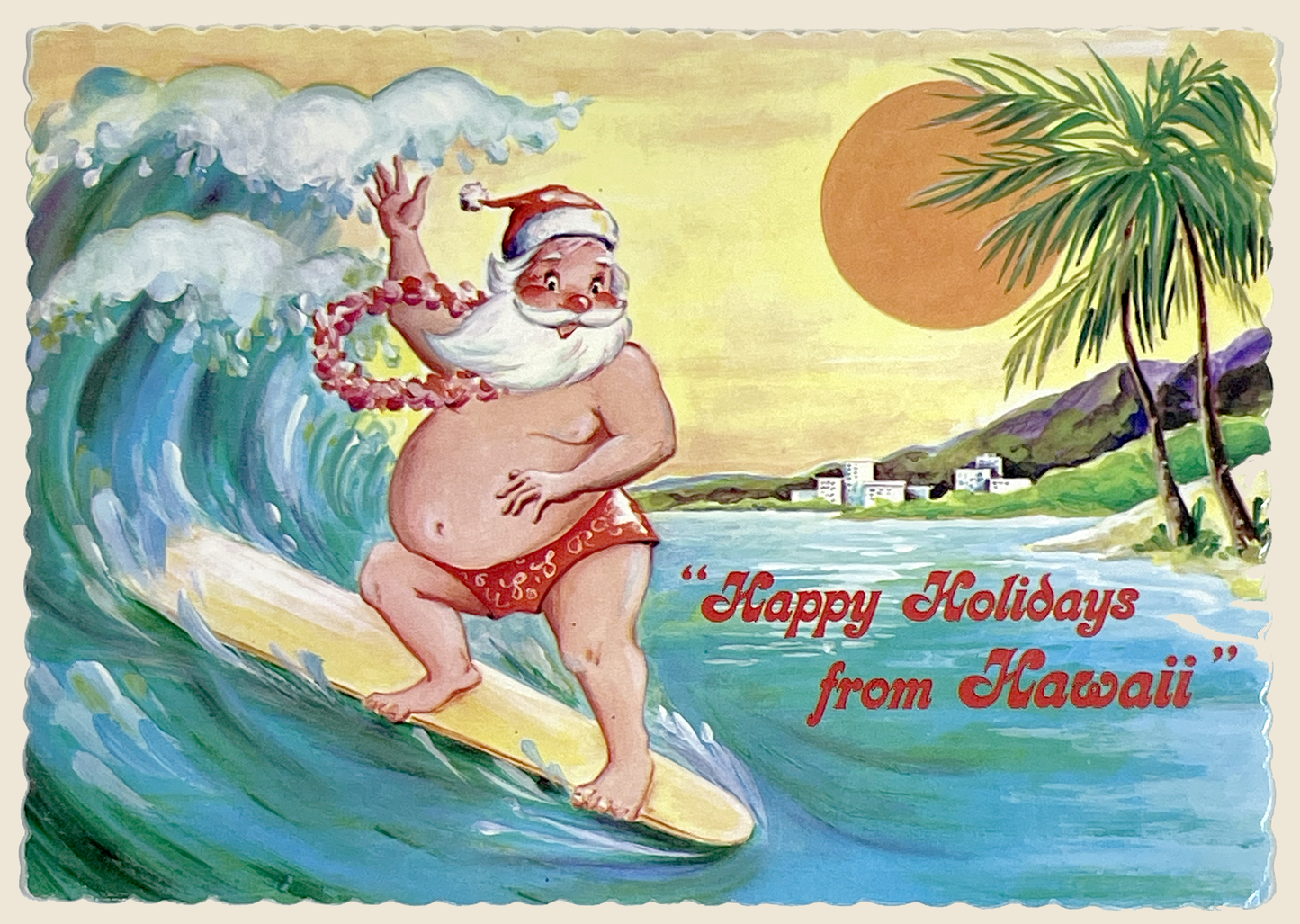 Vintage Hawaii Christmas Postcard | Surfing Santa at Waikiki Beach | Unused Mid-Century Holiday Card