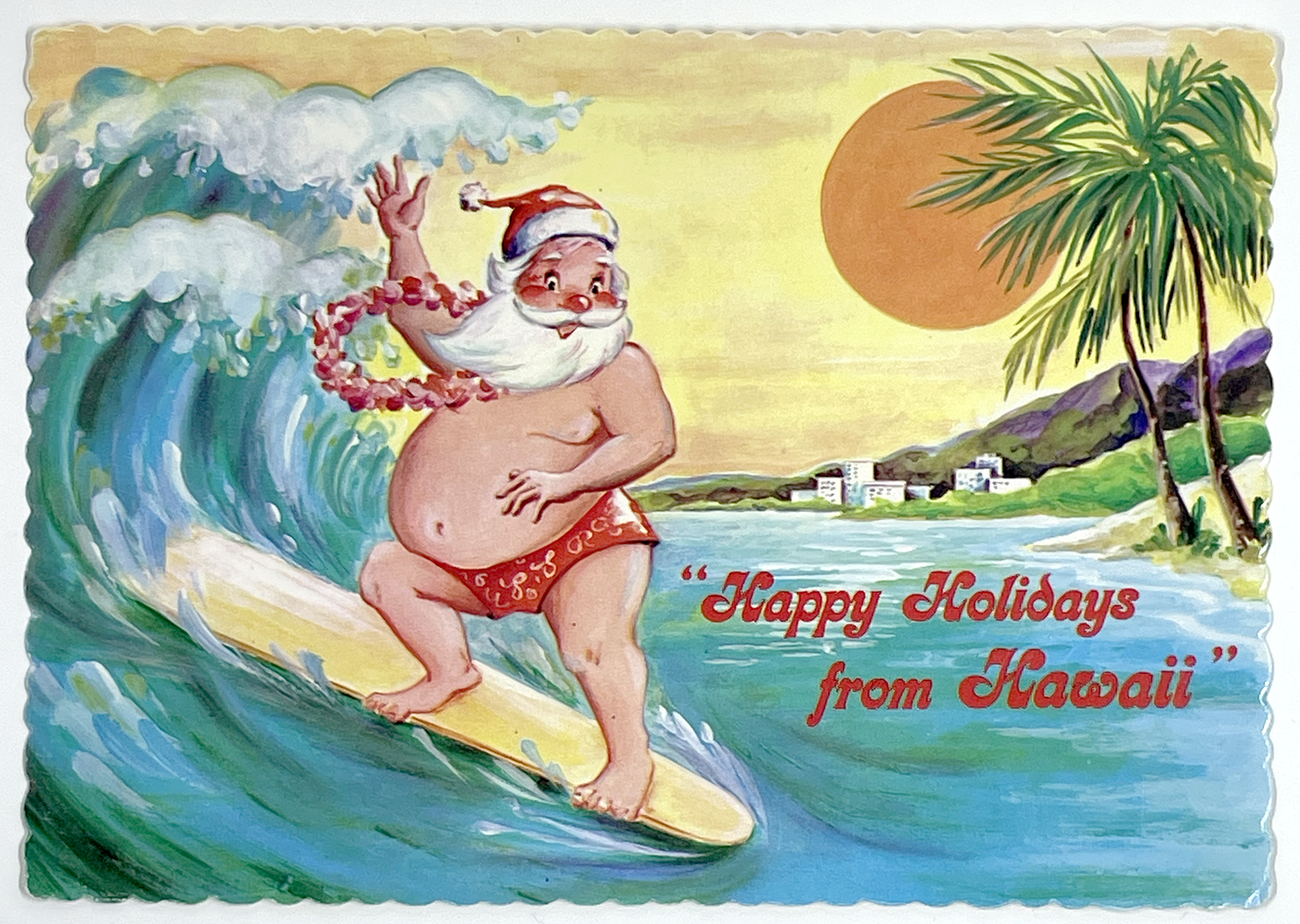 Vintage Hawaii Christmas Postcard | Surfing Santa at Waikiki Beach | Unused Mid-Century Holiday Card