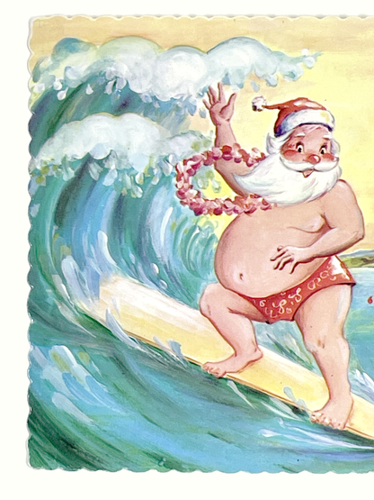 Vintage Hawaii Christmas Postcard | Surfing Santa at Waikiki Beach | Unused Mid-Century Holiday Card
