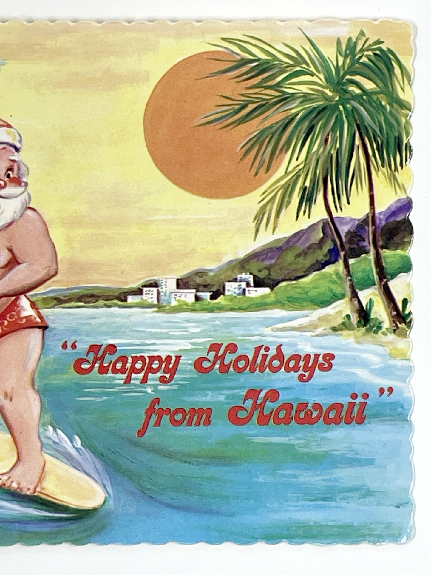 Vintage Hawaii Christmas Postcard | Surfing Santa at Waikiki Beach | Unused Mid-Century Holiday Card