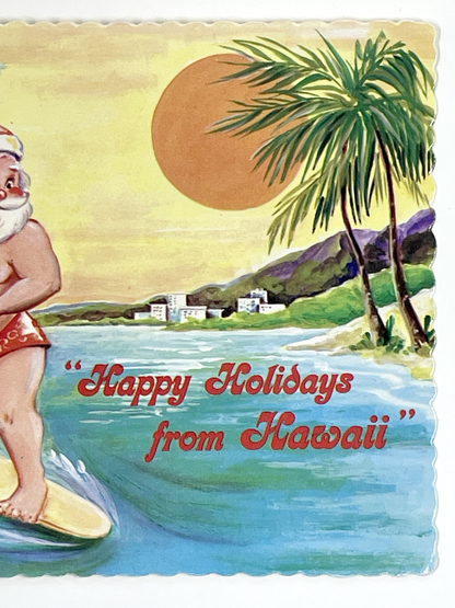 Vintage Hawaii Christmas Postcard | Surfing Santa at Waikiki Beach | Unused Mid-Century Holiday Card